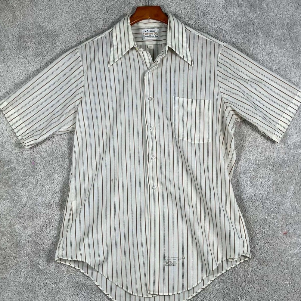 Vintage 70s Arrow Button Up Shirt Mens 15.5 White Brown Striped Belmont Club S/S
